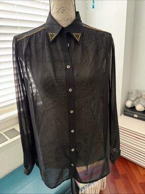 Las Pepas Black Sheer Button-Front Blouse with Gold Stud Collar